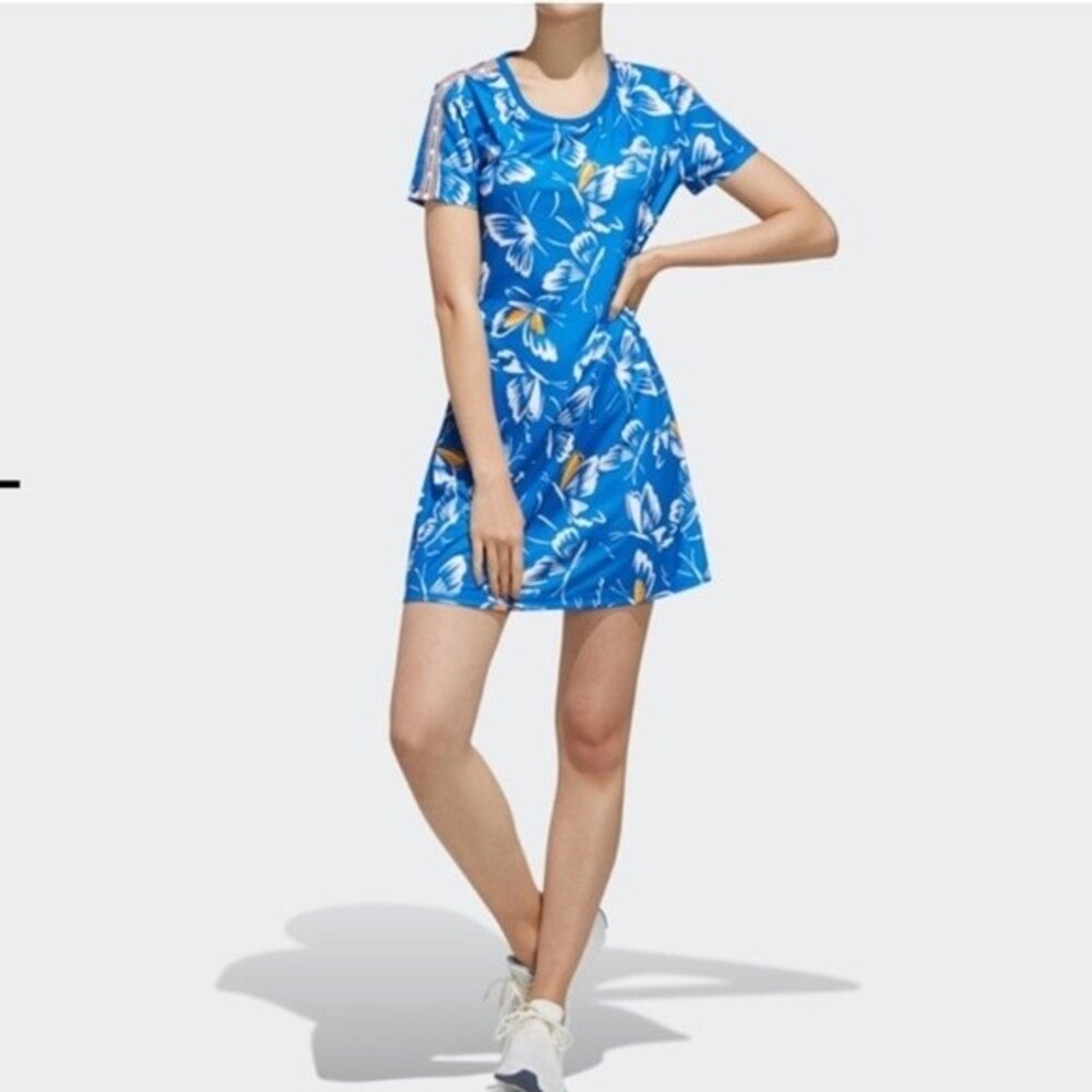 adidas Blue Floral Print Short Sleeve Dress